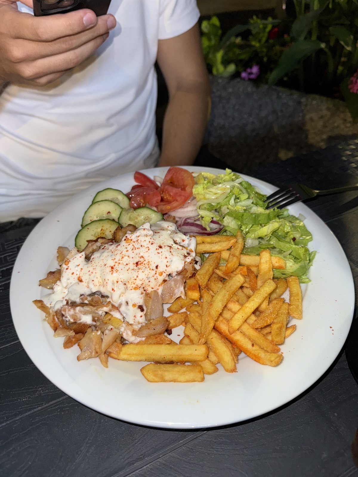 Kebap-Teller mit Pommes, frischem Salat und Joghurtsauce